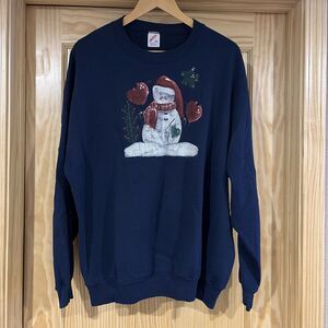 Vtg 90s Jerzees Handmade Snowman Holiday Blue Sweatshirt Size 2X USA